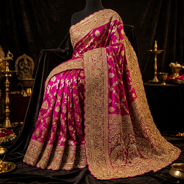 Festive wedding saree with heavy gold zari and embellishments